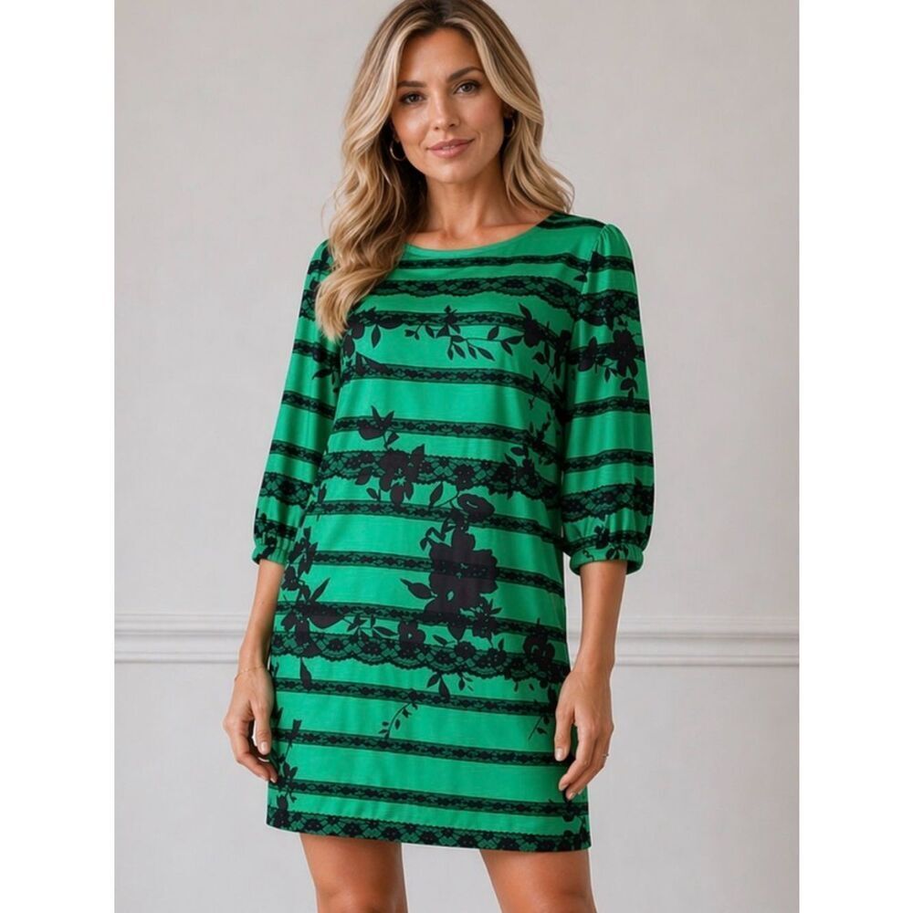 Uncle Frank Satin Floral Shift Dress Stripe Lace Trim Green Black S